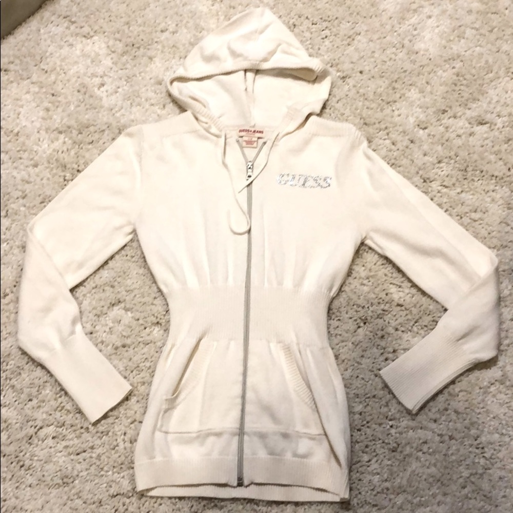 Guess cream zip up rhinestone large small sweater
